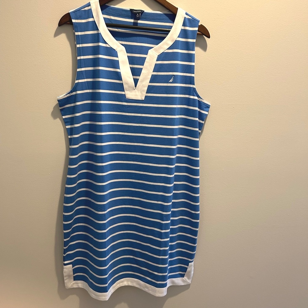Nautica Womens Blue White Stripe Sleeveless Split Neck Shift Dress XL NWOT - Picture 5 of 9
